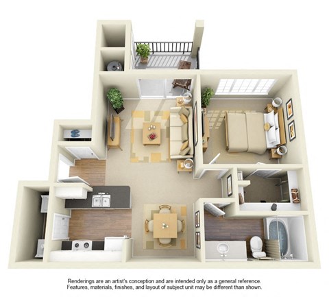 Floor plan for 1 bed, 1 bath, 727 sqft